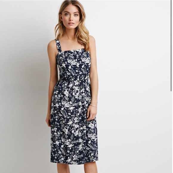 Forever 21 Dresses & Skirts - Navy Blue Floral Square Neck size Medium